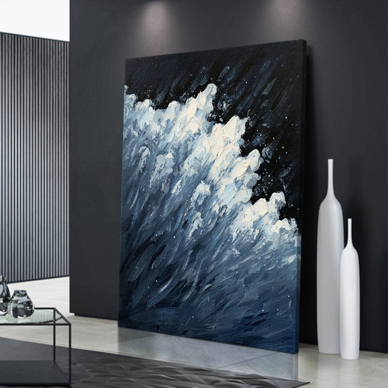 Hand Drawn Abstract Seascape Acrylic Paintings Sea Wave Spray On Canvas Wall Art Poster For Living Room,31inx47in,No Frame