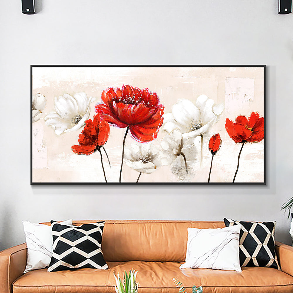 Hand Painted Red And White Flowers Oil Painting On Canvas Unframed Modern Abstract Wall Art,27inx54in,No Frame
