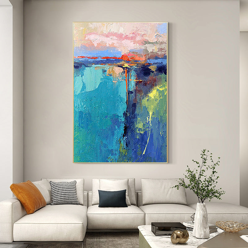 Hand Painted Abstract Colorful Thick Knife Blue Grey Orange Landscape Watercolor Oil Painting Living Room ,31inx47in,No Frame