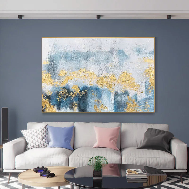 Hand Painted Modern Abstract Gold Foil Galaxy Blue Canvas Art Painting Living Room Bedroom Posters For Living Room,31inx47in,No Frame