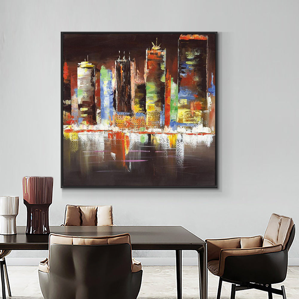 Abstract Colorful City Building Oil Painting Modern Landscape Wall Art Handmade Decorative Canvas Painting,31inx31in,No Frame