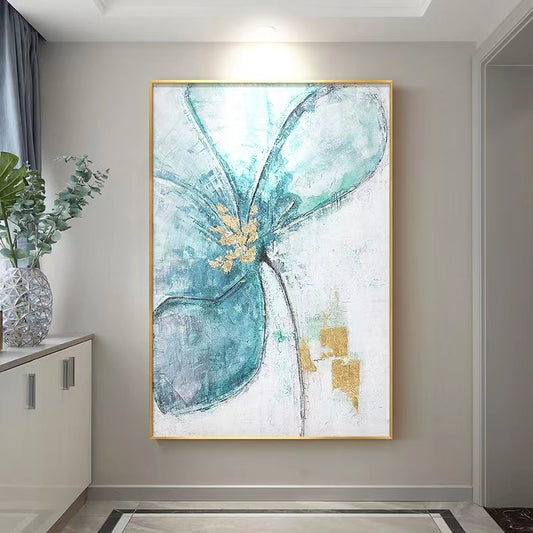 Hand painted Oil Painting Modern Flower Hanging Painting Vertical Version Dining Room Living Room Gold Foil,31inx47in,No Frame