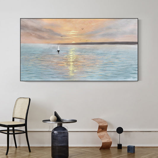 Abstract Landscape Hand Painted Oil Painting Sailboat and Sunset Canvas Picture Wall Art Seascape Painting,27inx54in,No Frame