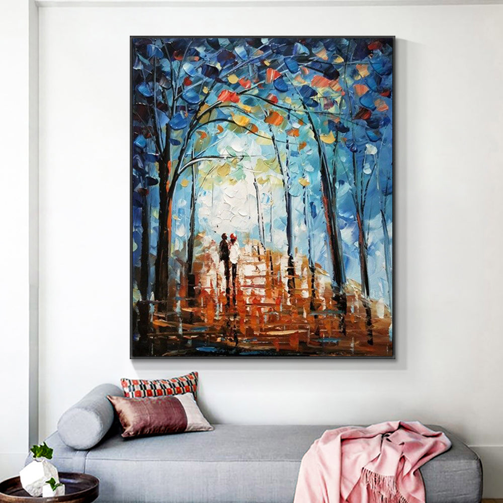 Hand Painted Abstract Lover Working In The Tree lined Lane Oil Painting Handmade Wall Art Living Room,31inx47in,No Frame