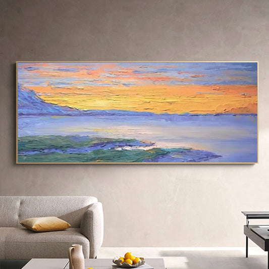 Hand painted Landscape Oil Painting Horizontal Sea View Sofa Decorative Painting Nordic Luxury Living Room Study,27inx54in,No Frame