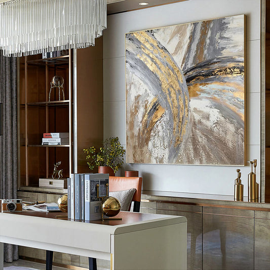 Modern abstract gold foil line golden canvas art painting living room bedroom hand painting home decoration,31inx31in,No Frame