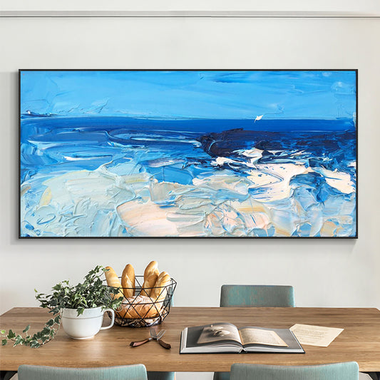 Abstract Thick Textured Blue Sea Painting Hand Painted Oil Painting On Canvas Modern Wall Art,27inx54in,No Frame