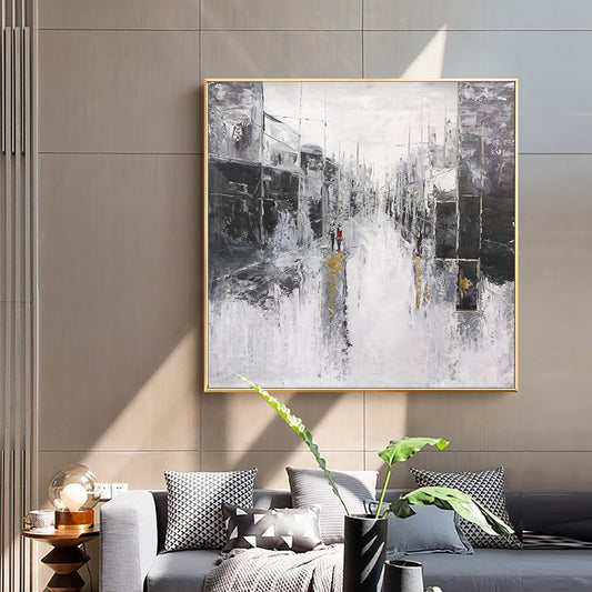 Modern Abstract Urban Architectural Landscape Oil Painting Handmade White Black Canvas Wall Art Painting For Living Room ,31inx31in,No Frame