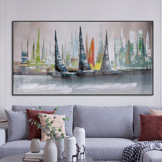 Handmade Abstract Colorful Sailing Boat Oil Painting Seascape Canvas Art Hand Painted Oil Painting,27inx54in,No Frame