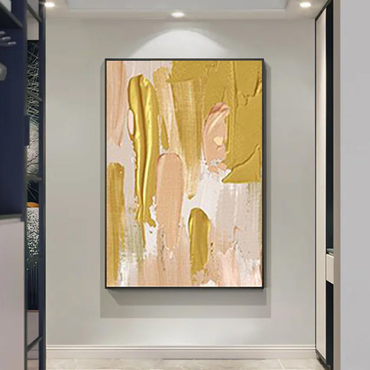 Frameless Abstract Oil Painting With Golden And White Stripes Modern Wall Art Handpainted Oil Painting,31inx47in,No Frame
