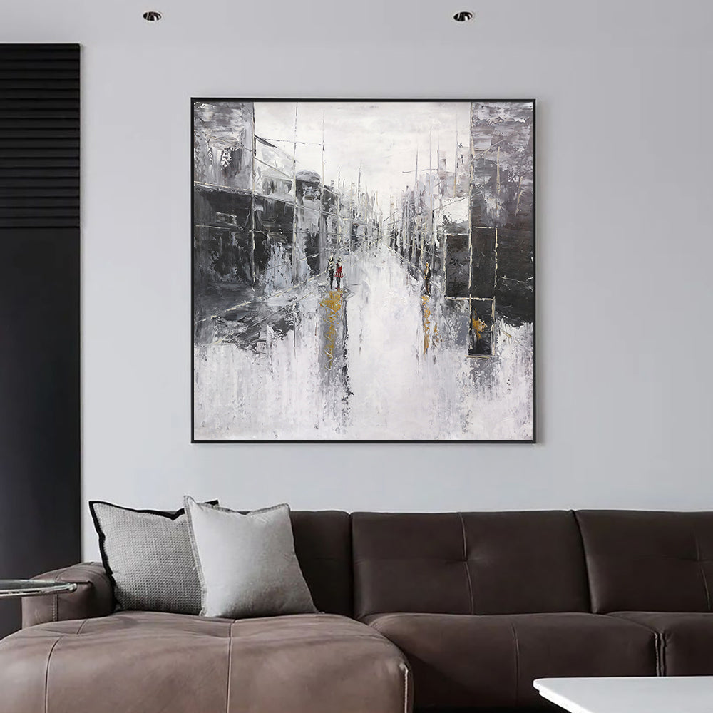 Modern Abstract Urban Architectural Landscape Oil Painting Handmade White Black Canvas Wall Art Painting For Living Room ,31inx31in,No Frame