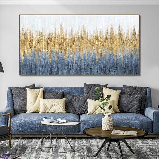 #530Hand Painted Abstract Landscape Blue Oil Painting Handmade Original Gold Foil Canvas Art Painting For Modern,27inx54in,No Frame