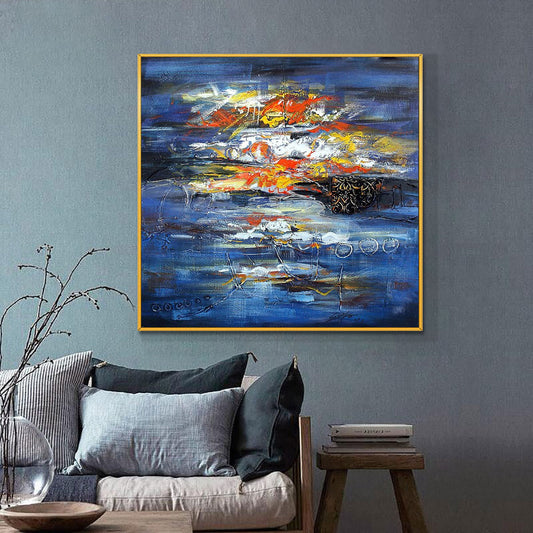 Hand Painted Oil Painting On Canvas Abstract Modern 3D Blue Painting Large Size Wall Art,31inx31in,No Frame