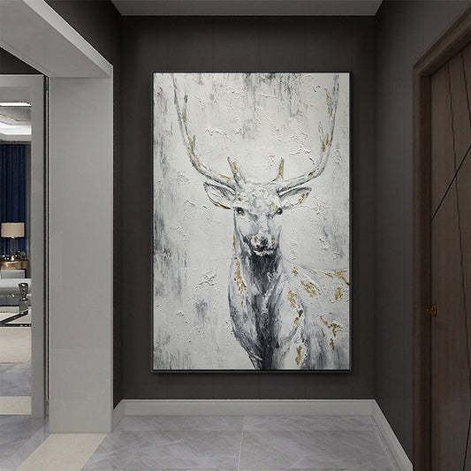 Animal Oil Painting On Canvas Hand Painted Rich Deer Picture Neo Classical Porch Mural Handmade Art,31inx47in,No Frame