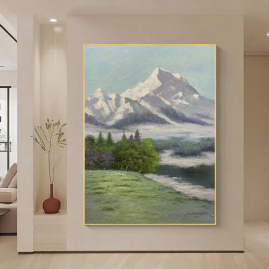 Mountain Scenery Oil Painting Hand Painted Wall Art Tree Pictures On Canvas,31inx47in,No Frame