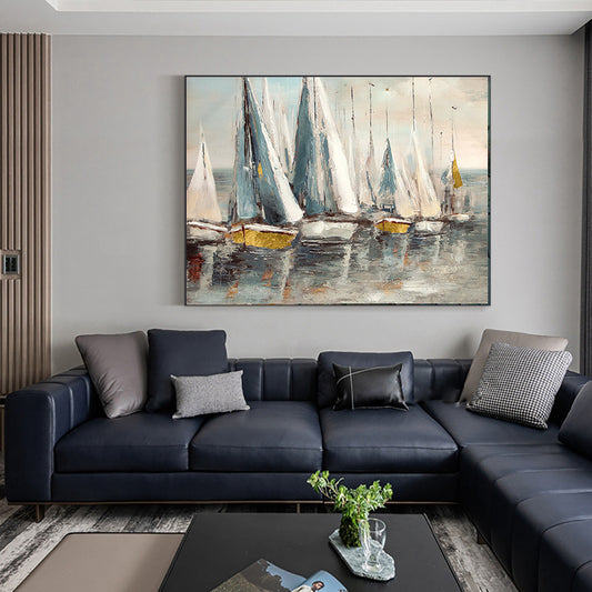 #900Artwork Hand Painted Abstract Sailing Boat Oil Painting On Canvas Wall Art Picture Decoration,31inx47in,No Frame