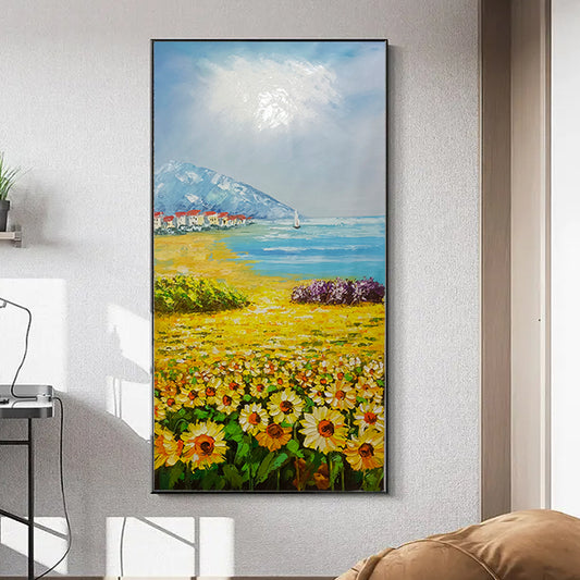 Hand Painted Sunflower Oil Painting House Landscape On Canvas In Living Room Modern Wall,27inx54in,No Frame