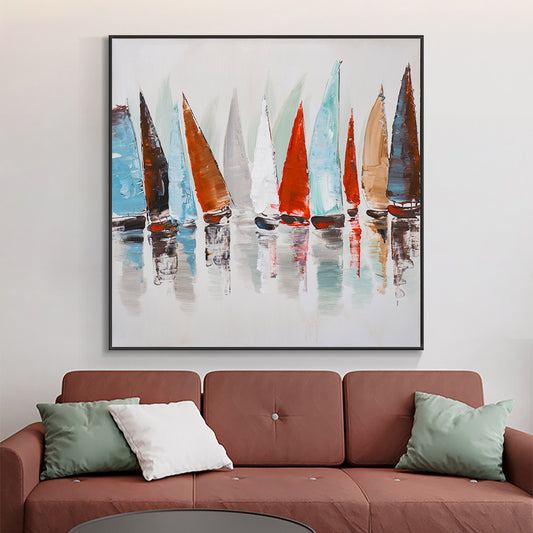 Hand Painted Oil Painting On Canvas Abstract Colorful Sailing Boat On The Sea Painting Modern,31inx31in,No Frame