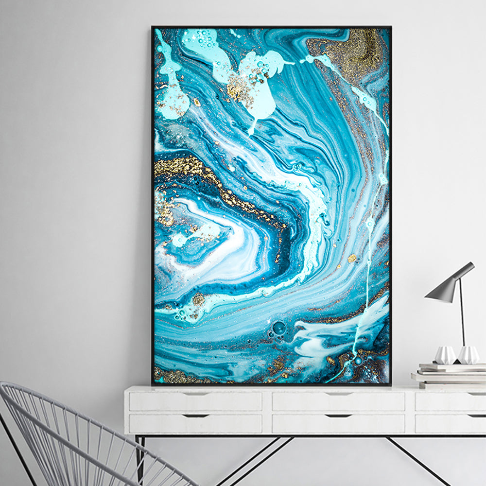#1140Abstract Blue Seascape With Gold Foil Hand Painted Oil Painting On Canvas Unframed Handmade Wall Art For Living Room,31inx47in,No Frame