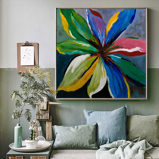 Abstract Blue Red Green Flower Oil Painting  Handpainted Modern Plant Wall Art Canvas Painting For,31inx31in,No Frame