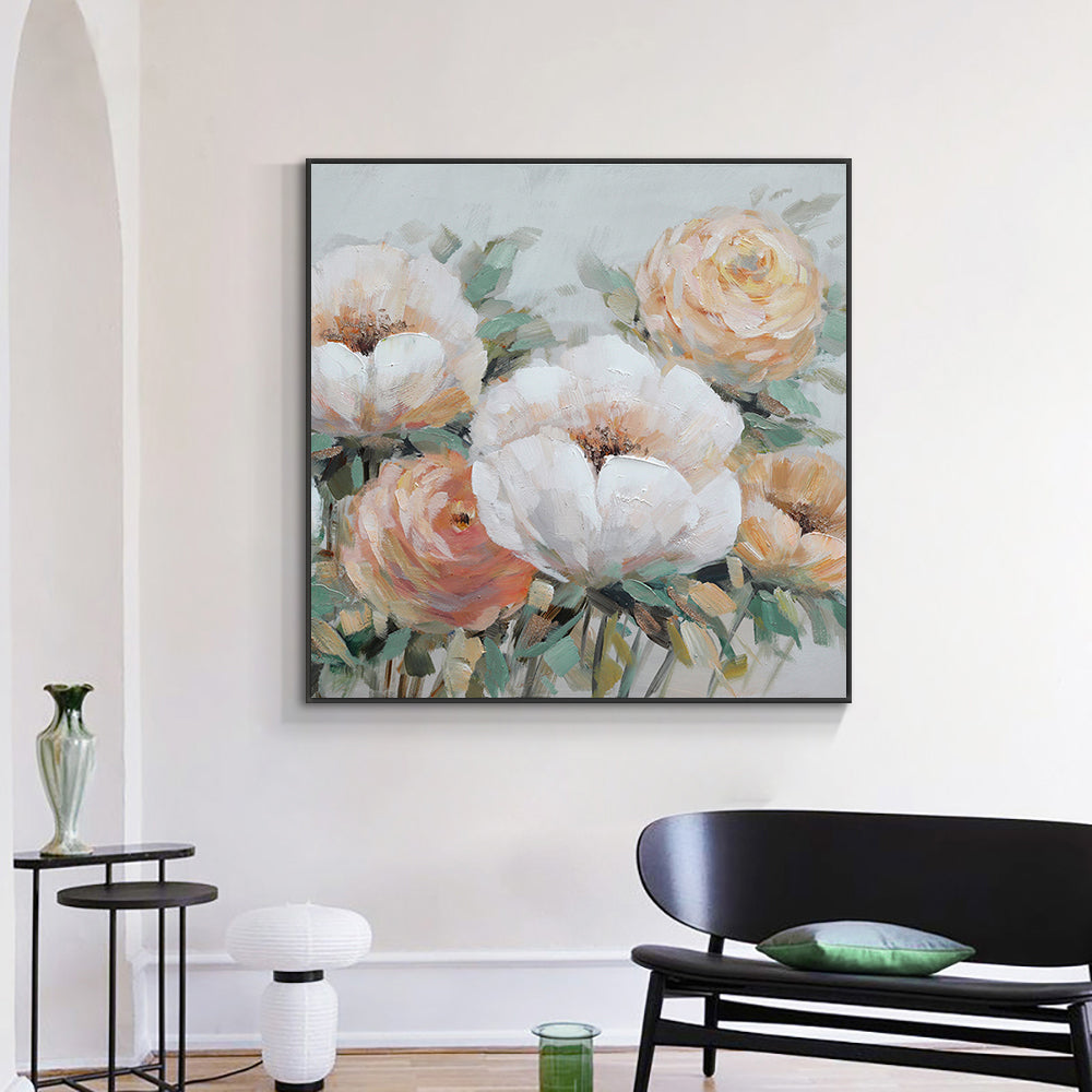Abstract Textured White Pink Flowers Oil Painting Handpainted On Canvas Modern Plant Wall Art Pictures,31inx31in,No Frame