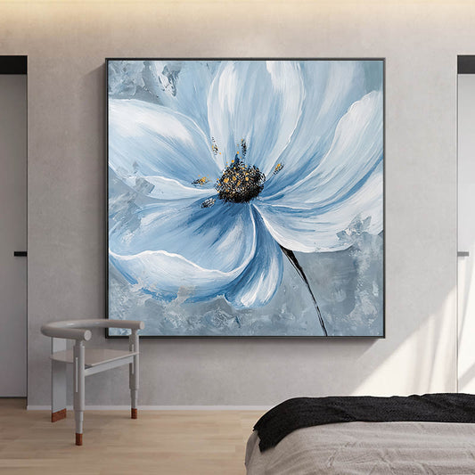 Hand painted Blue Flower Oil Painting Nordic Home Wall Decoration Art Canvas Picture Living Room Square,31inx31in,No Frame