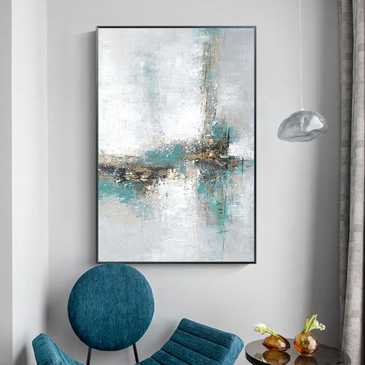 Abstract Urben Landscape Handmade Gold Foil Oil Painting Nordic City Building Canvas Wall Art Blue Oil