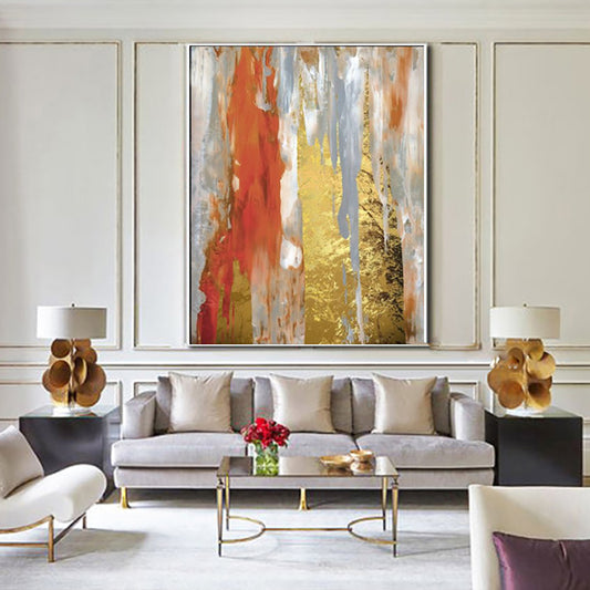 Large Abstract Oil Paintings On Canvas Handmade Gold Foil Wall Painting Unframed Home Decor Hand Painted,31inx47in,No Frame