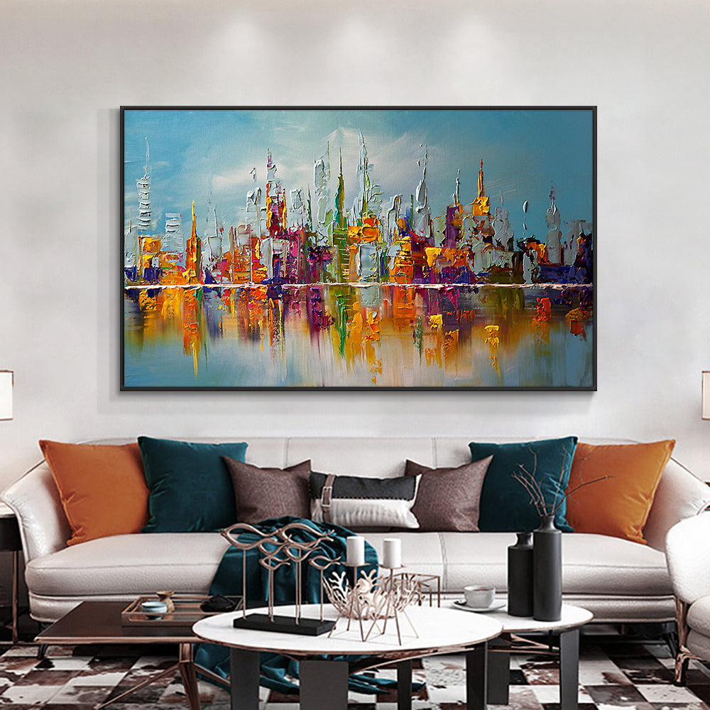 Abstract Colorful Large City Building Painting Handpainted Oil Painting On Canvas Modern Wall Art Painting,27inx54in,No Frame