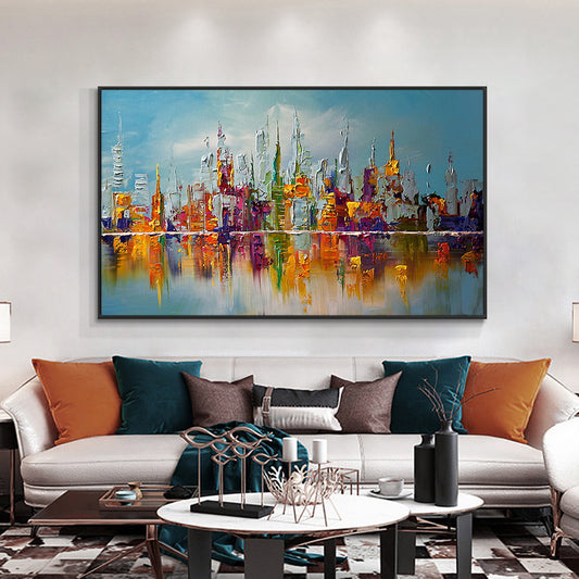 Abstract Colorful Large City Building Painting  Handpainted Oil Painting On Canvas Modern Wall Art Painting,27inx54in,No Frame