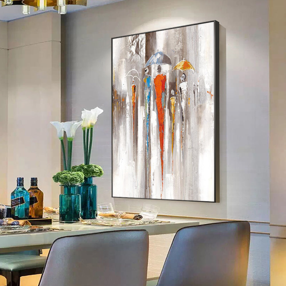 Abstract People In the Rain With Umbrellas Hand Painted Oil Painting On Canvas Abstract Wall For Living Room,31inx47in,No Frame