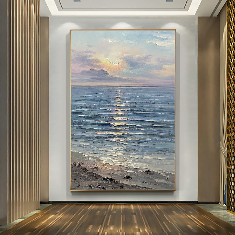 Handmade Canvas Oil Painting Decoration Sea Dawn Modern Art Mural Living Room Bedroom Office Hotel Hanging For Living Room,31inx47in,No Frame