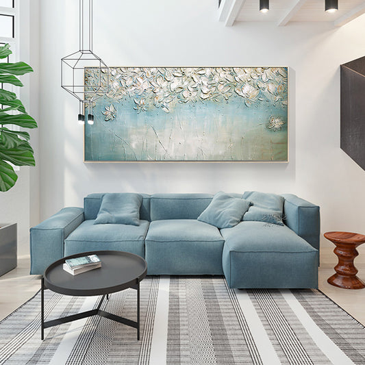 3D Knife Abstract White Flowers Oil Painting Handpainted On Canvas Living Room Salon Home Decoration Painting,27inx54in,No Frame