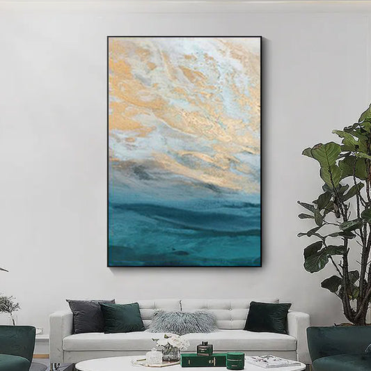 #860 Sea Scenery Unframe  Hand Painted Oil Painting On Canvas Gold Foil Sky Landscape Handmade,31inx47in,No Frame