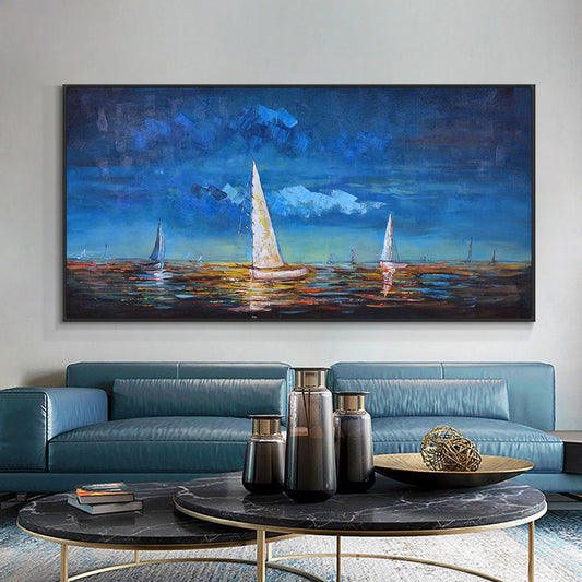 Thick Texture Wall Art Paintings Sailboat Handmade Oil Painting On Canvas Landscape Painting Office Home Decoration,27inx54in,No Frame
