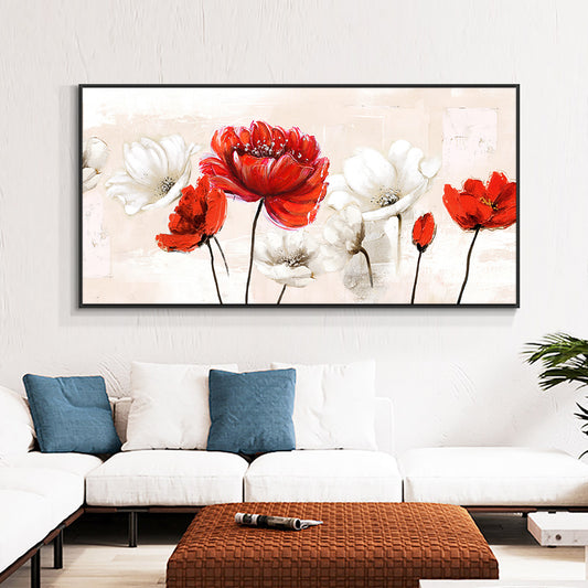 Hand Painted Red And White Flowers Oil Painting On Canvas Unframed Modern Abstract Wall Art,27inx54in,No Frame