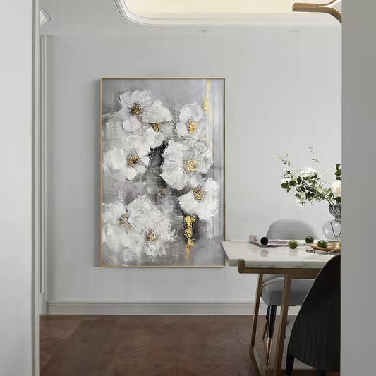 White Flowers on Canvas Abstract Oil Painting Poster Hand Painted Canvas Painting Living Room Decor Wall,31inx47in,No Frame