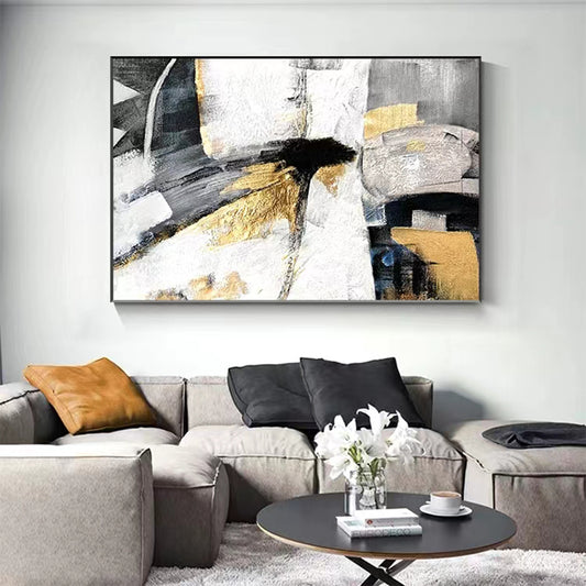 Hand painted Oil Painting Large Size Mural Living Room Black and White Abstract Hanging Painting Gold ,31inx47in,No Frame