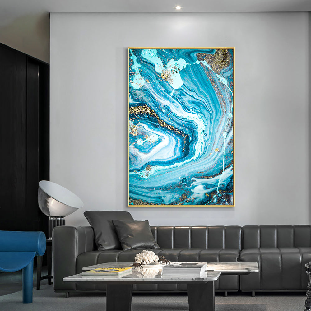 #1140Abstract Blue Seascape With Gold Foil Hand Painted Oil Painting On Canvas Unframed Handmade Wall Art For Living Room,31inx47in,No Frame
