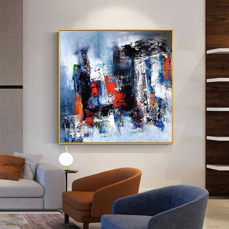 Simple and Modern Hand painted Abstract Oil Painting Light Luxury Living Room Bedroom Decoration Painting Blue,31inx31in,No Frame