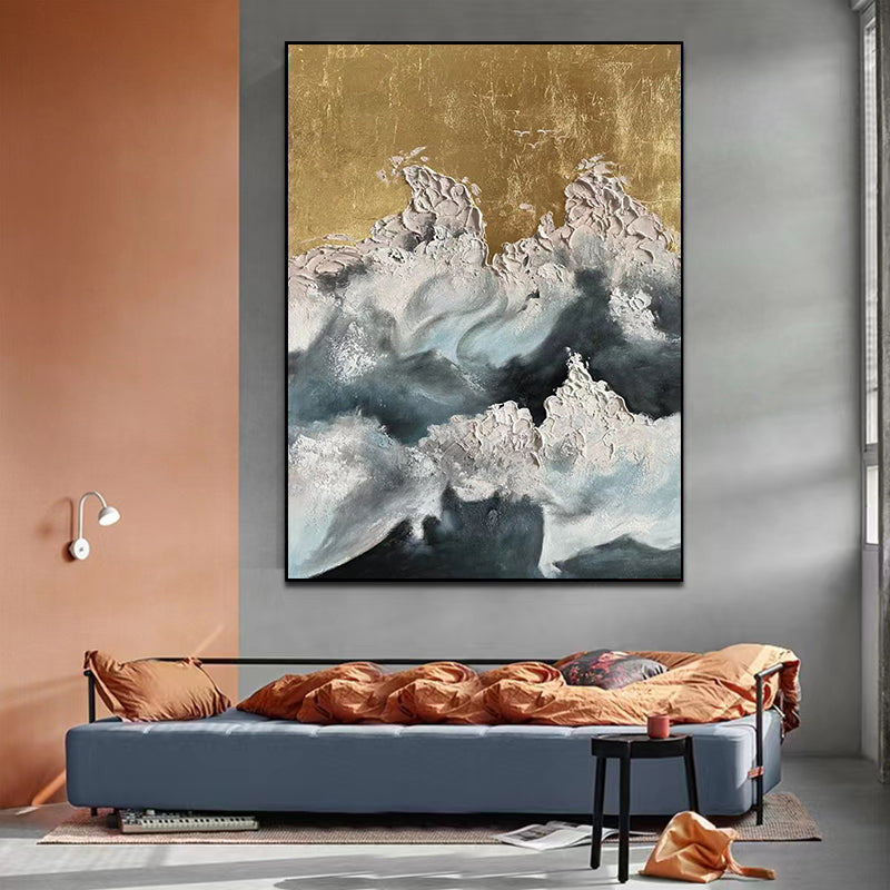 Pure Hand painted Oil Painting Living Room Decorative Painting Gold Foil American Light Luxury Thick Texture,31inx47in,No Frame