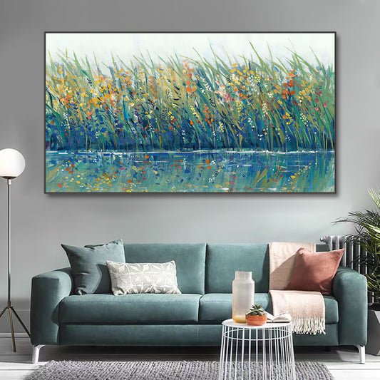 Hand painted Abstract Green Plant Landscape Oil Painting Canvas Wall Art Handmade Flower Oil Artwork,27inx54in,No Frame