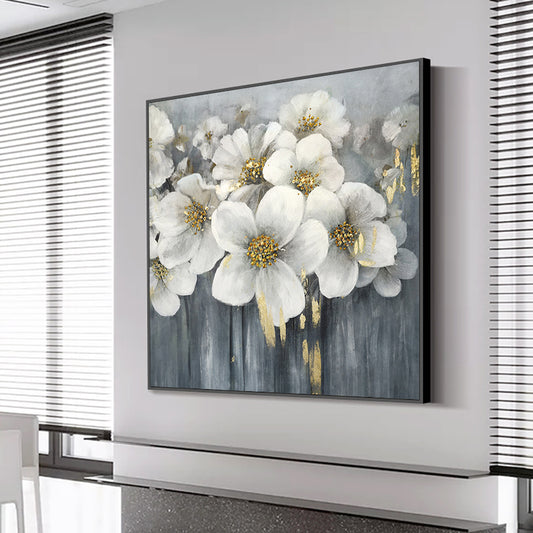 Hand painted Abstract Gold Flower Oil Painting Wall Art Handmade Nordic Simplicity Oil Painting Canvas Art,31inx31in,No Frame