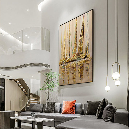 Modern Abstract Hand painted Knife Painting on Canvas Sailing Boat Oil Painting Golden Large Quadros Decorativos,31inx47in,No Frame