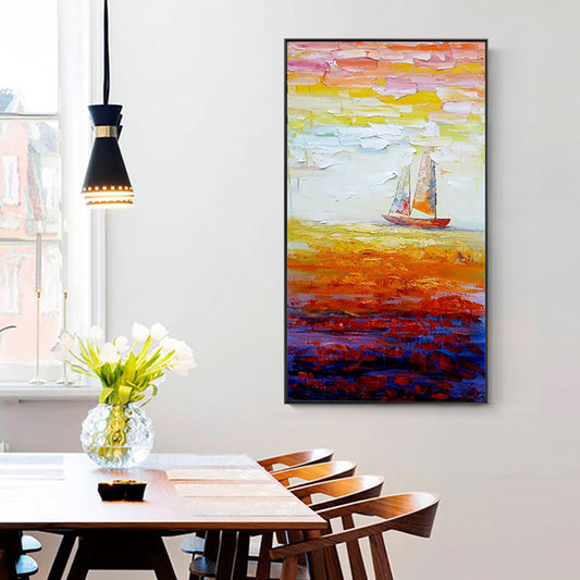Hand Painted Oil Painting Sailboat Modern Abstract Landscape Decorative Painting Thick Oil Knife Painting On Canvas,27inx54in,No Frame