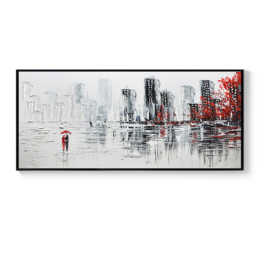 Hand painted Abstract City Building Oil Painting Wall Art Handmade Canvas Painting for Livingroom Home,27inx54in,No Frame