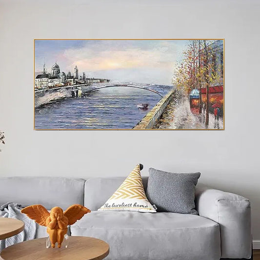City Landscape  Hand Painted Oil Painting Modern Abstract Wall Hanging Picture For Dining Room,27inx54in,No Frame