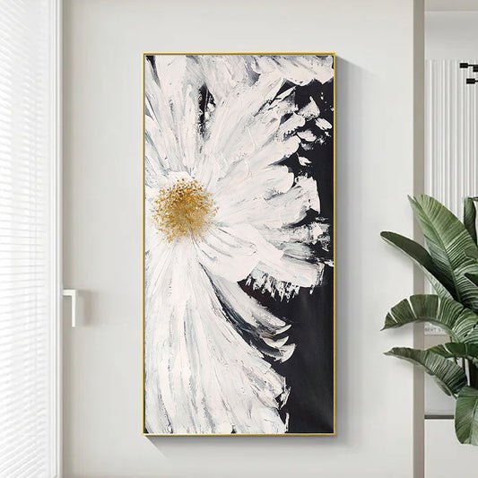 Handmade White Flower Picture Wall Art Paintings Handpainted Oil Painting Daisy On Canvas Modern Home,27inx54in,No Frame