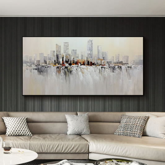 Handmade Building Oil Painting Abstract City Scenery Art Canvas Painting Wall Hangings Picture For Living Room,27inx54in,No Frame