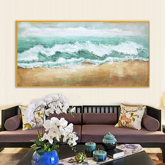 #270Hand painted Oil Painting Landscape Painting Beach Sea Waves Modern Minimalist Decorative Painting Living Room Hanging,27inx54in,No Frame